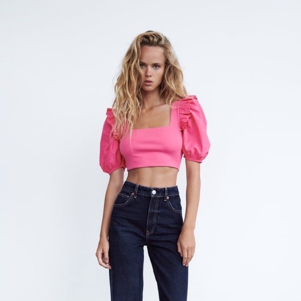 ZARA Summer Hot Pink Puffed Balloon Short Sleeves Poplin Rib Crop Top Size Small - Picture 7 of 8